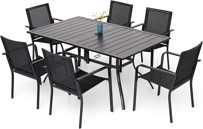 Patio Dining Set for 6, 7-Piece Outdoor Furniture Rectangular Table and 6 Metal by Anmutig
