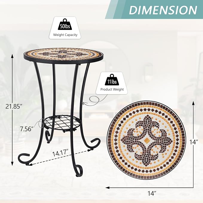 VCUTEKA Outdoor Side Table Mosaic Patio Table Accent Tables Mosaic Tile Top - Image 3