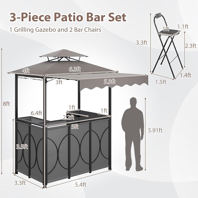 Tangkula 3 Piece Patio Bar Set, Grill Gazebo & 2 Foldable Bar Stools - Image 4