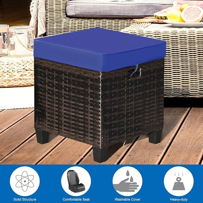 Giantex 2-Piece Rattan Patio Ottoman, All Weather Wicker Ottoman w/Removable - Image 8