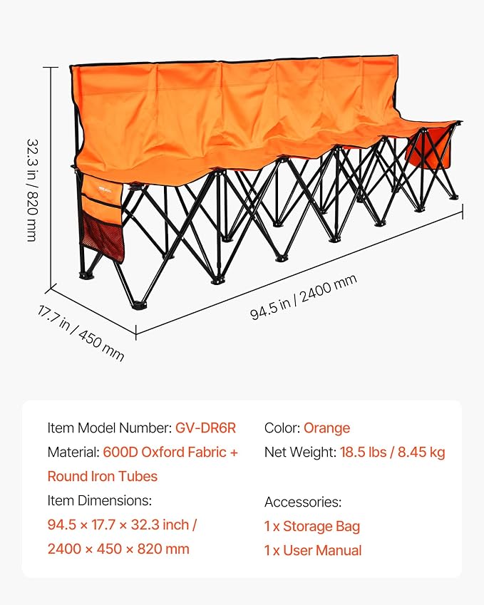 VEVOR Portable Folding Bench, 6 Seat Foldable Soccer Bench - Image 3