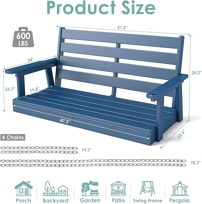 IVY&LANE Outdoor Porch Swing | HDPE Plastic | 2-Person | Hanging Bench Swings | - Image 2