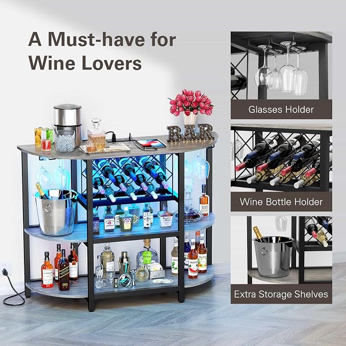 Zarler Bar Cart with Power Outlet Easy to Assemble, LED Home Bar Cabinet - Image 6