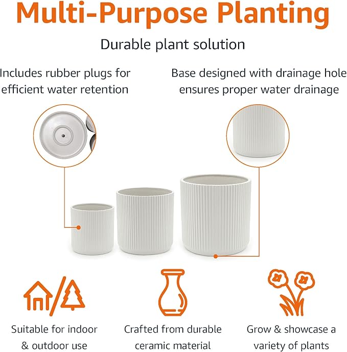 Amazon Basics Assorted Sizes Fluted Ceramic Round Indoor Outdoor Planters - Image 2