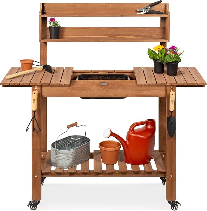 Best Choice Products Mobile Garden Potting Bench, Outdoor Wood Workstation by BestChoiceProducts