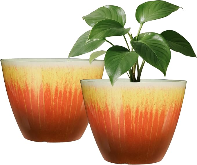 8 inch Plant Pots Pack of 2, Plastic Flower Pots Flower Pots, Modern Glossy by LesOasis