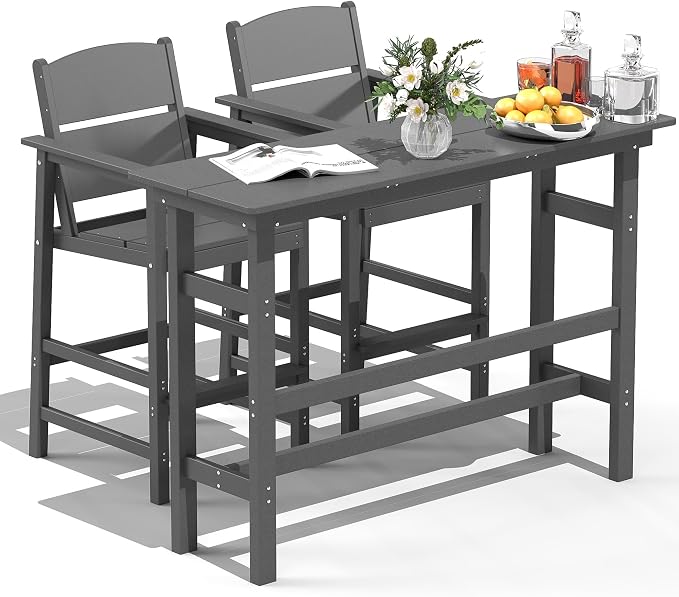 FOOWIN 3 Piece Outdoor Bar Height Table and Chairs, All Weather HDPE Patio Bar by FOOWINOUTDOORSHOW
