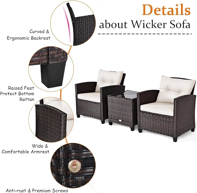 Tangkula 3 Pieces Patio Furniture Set, PE Rattan Wicker 3 Pcs Outdoor Sofa Set - Image 7
