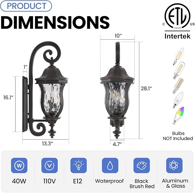 Black Brush Red Exterior Wall Sconces, Waterproof Outdoor Lights Wall Mount - Image 4