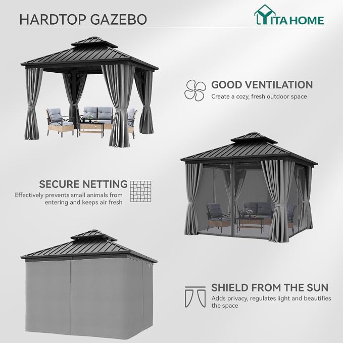 YITAHOME 10X10FT Hard Top Gazebo Patios Outdoor Double Roof Canopy Aluminum - Image 2