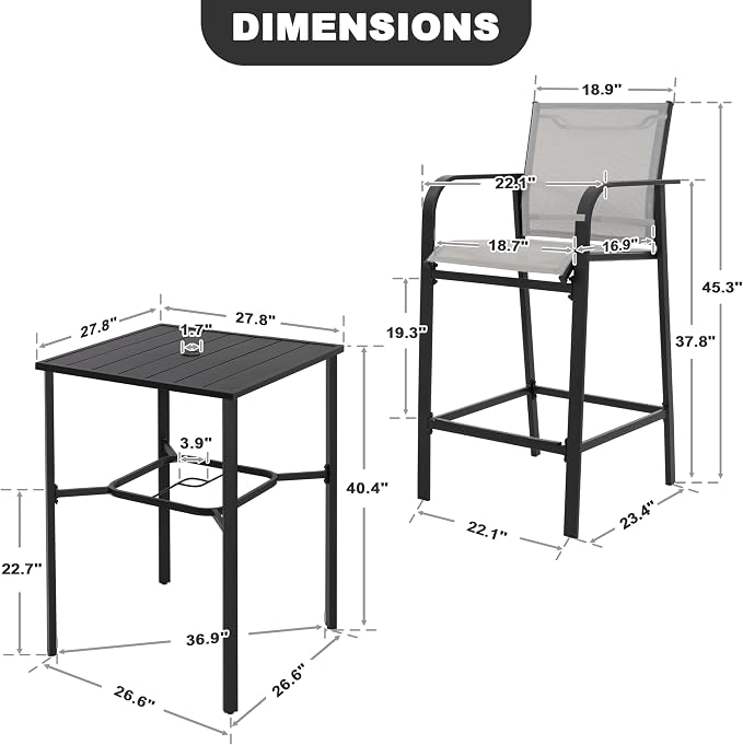 NUU GARDEN 3-Piece Outdoor Bar Set, Light Gray and Black - Image 5