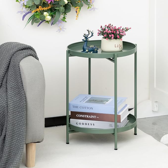 HollyHOME 2-Tier Round Side Table, Outdoor Small Folding Accent Stand - Image 2