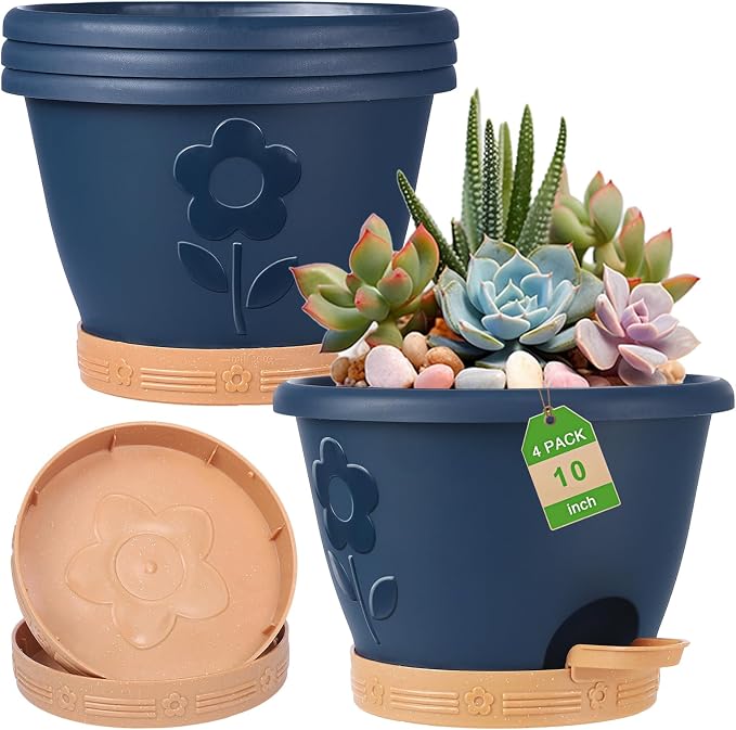 Plastic Plant Pots 10 Inch Set of 4, Self Watering Pots by gegemaoyi