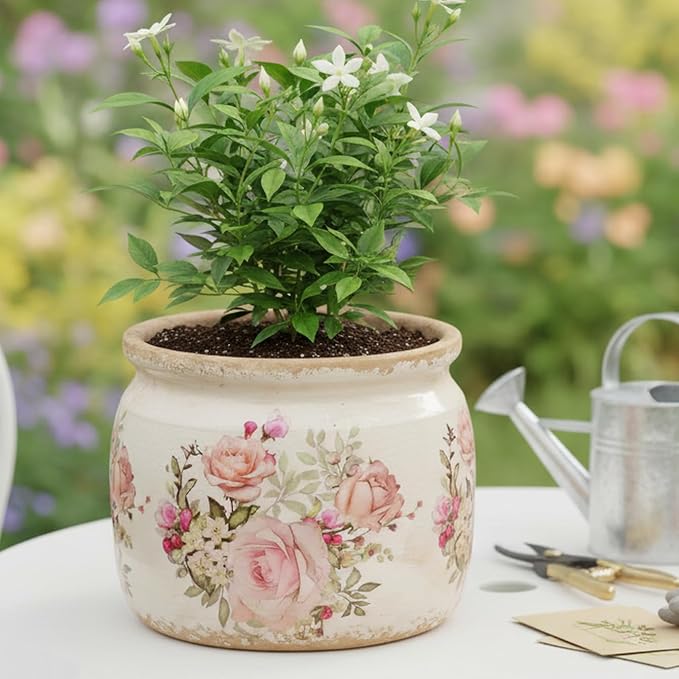 Ceramic Planter for Indoor Plants, 6.29 Inch Rose Pattern Crackle Glaze Flower - Image 4