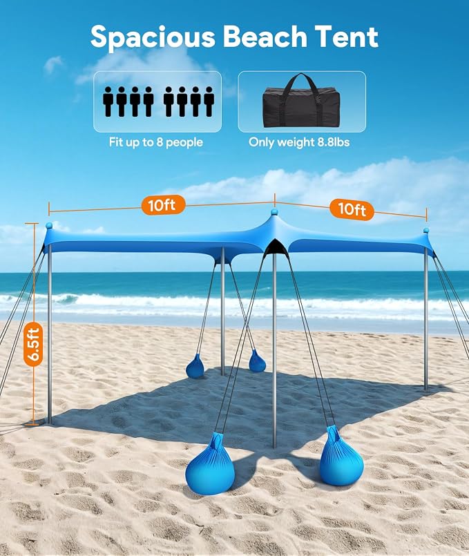 Beach Tent Sun Shelter, 10 x 10 FT Beach Canopy Tent Sun Shade, UPF50+ Tents - Image 5