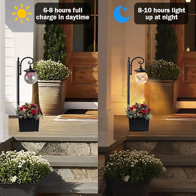 Solar Lamp Post Light with Planter, Matte Black Outdoor Flower Pots with Mosaic - Image 4