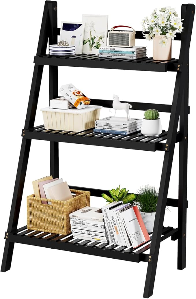 39.4" Foldable Plant Shelf Ladder Shelf, 3 Tier Bamboo Ladder Flower Pot - Image 7