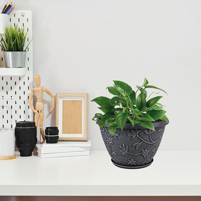 4 Pack 8 Inch Flower Pots for Outdoor Indoor, Plastic Plant Pots - Image 6
