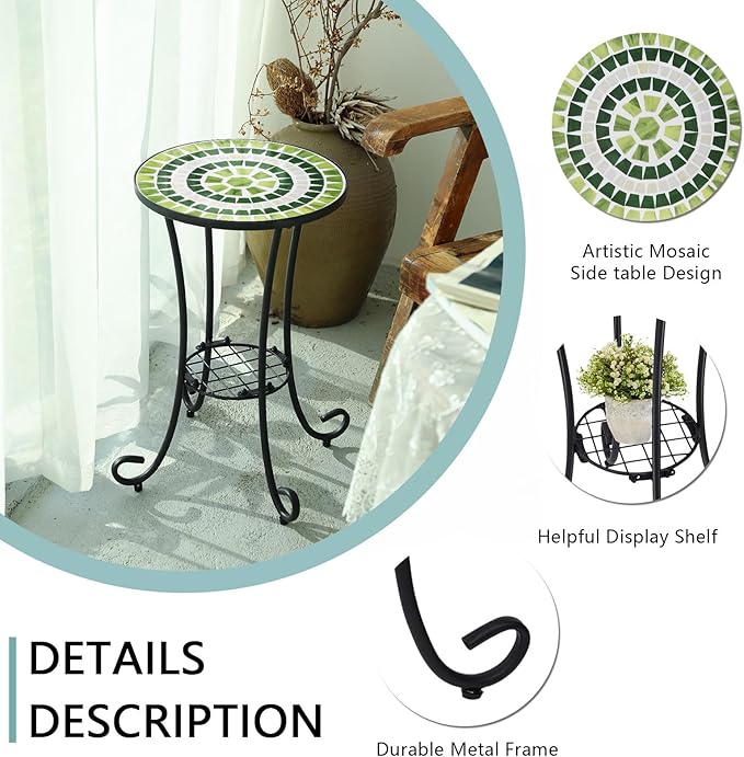 VCUTEKA Outdoor Side Table Mosaic Patio Table Accent Tables Mosaic Tile Top - Image 6