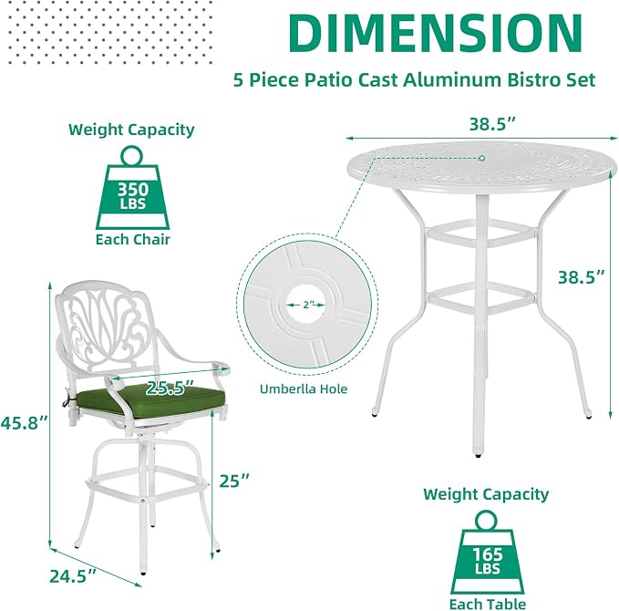VIVIJASON 5-Piece Patio Swivel Bar Stools Set, All Weather Cast Aluminum - Image 6
