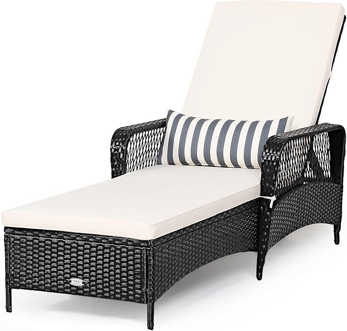 COSTWAY PE Rattan Chaise Lounge Chair Armrest Recliner Adjustable Pillow Black by COSTWAY