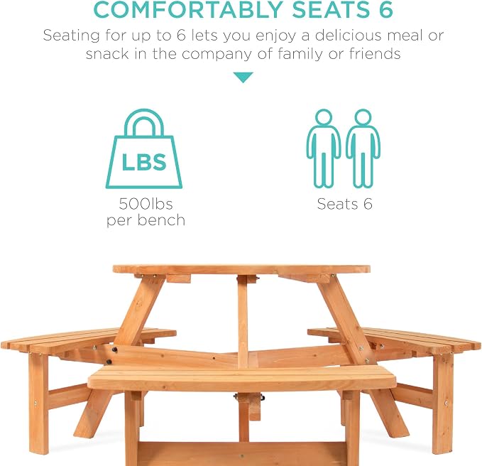 Best Choice Products 6-Person Circular Outdoor Wooden Picnic Table - Image 4
