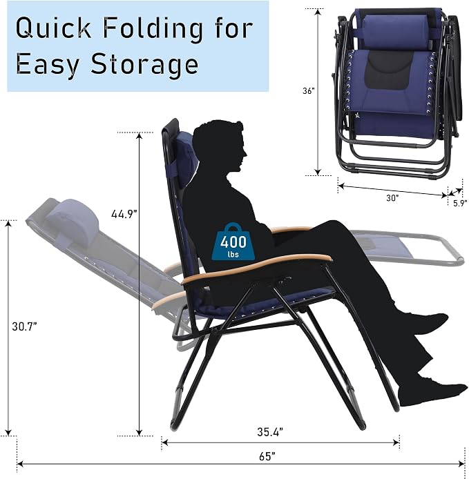 PHI VILLA XXL Oversized Padded Zero Gravity Chair Set of 2, Foldable Patio - Image 3