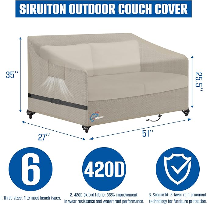 SIRUITON 2-Seat Garden Patio Sofa/Loveseat/Bench Cover 51" W x 27" D x 35" H - Image 2