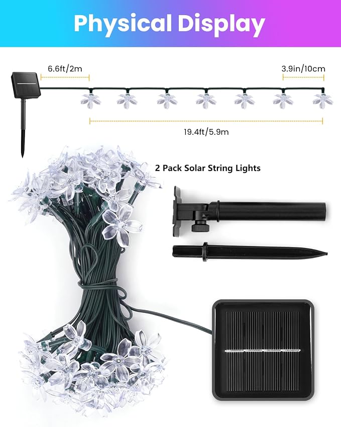 Brightown 2 Pack Total 52FT 120 LED Flower Solar String Lights Outdoor - Image 3