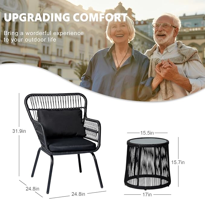 3 Piece Outdoor Wicker Furniture Bistro Set, Rattan Chairs Conversation Sets - Image 5
