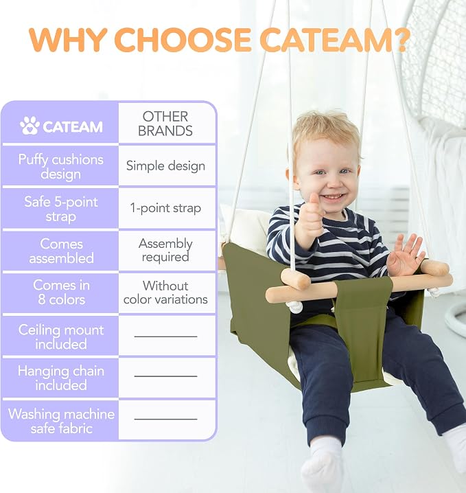 CaTeam - Canvas Baby Swing, Wooden Hanging Swing Seat Chair - Image 4