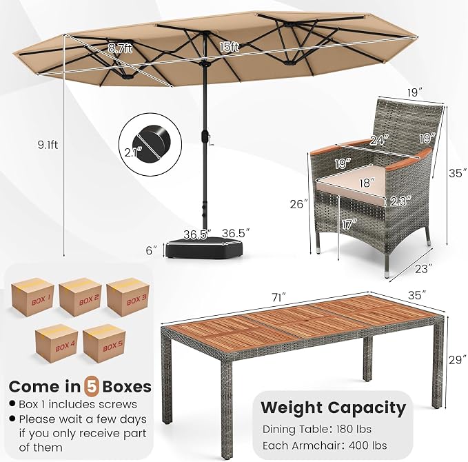 Tangkula 10 Pieces Patio Wicker Dining Set w/Double-Sided Patio Umbrella - Image 4