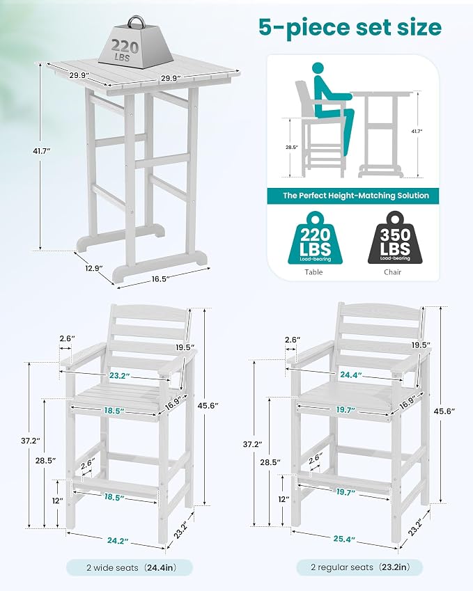 SERWALL 5 Pieces Adirondack Bar Chairs Set, HDPE Adirondack Barstools Chairs - Image 4