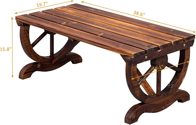 VINGLI Rustic Wooden Wheel Bench Outdoor Bench, Patio Bench Wagon Slatted Seat - Image 3