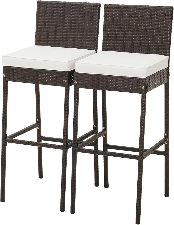 Tangkula Set of 2 Patio Wicker Barstools, Outdoor Bar Height Chair w/Soft Seat by TANGKULA