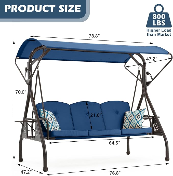 800LBS Patio Swing with Canopy 3 Seat Outdoor Porch Swing with Stand w/Cup - Image 6