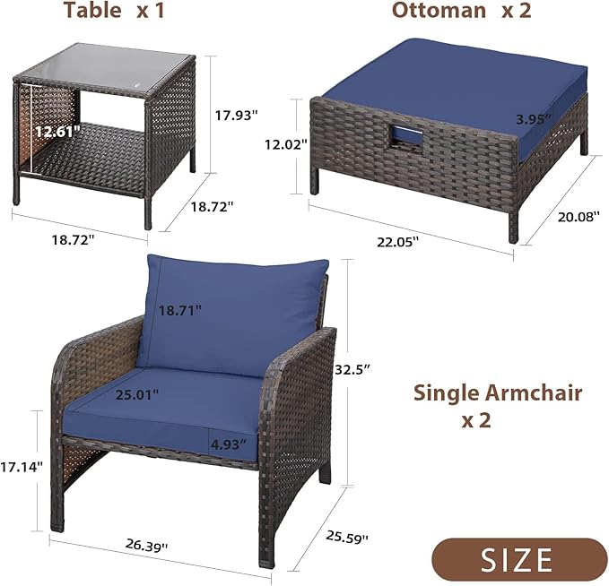 LEVELEVE Balcony Furniture 5 Piece Patio Conversation Set, PE Wicker Rattan - Image 3