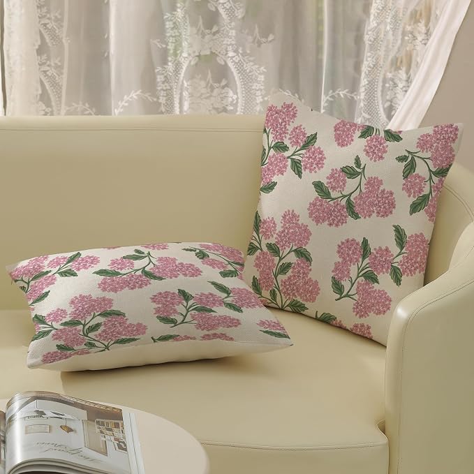Preppy Pink Spring Pillow Covers 16x16 Inch 2 Pcs Green Hydrangea Flower Decor - Image 4