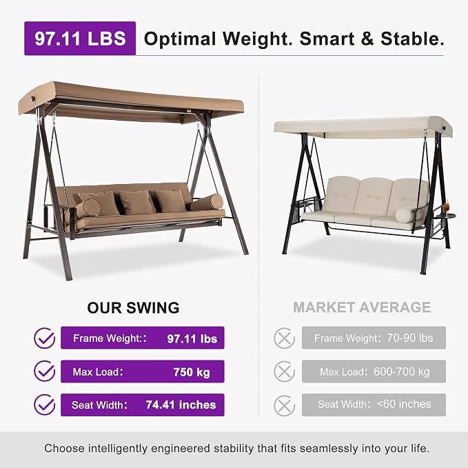 PURPLE LEAF Outdoor Patio Porch Swing Adjustable Backrest, 3-seat Swing Chair - Image 4
