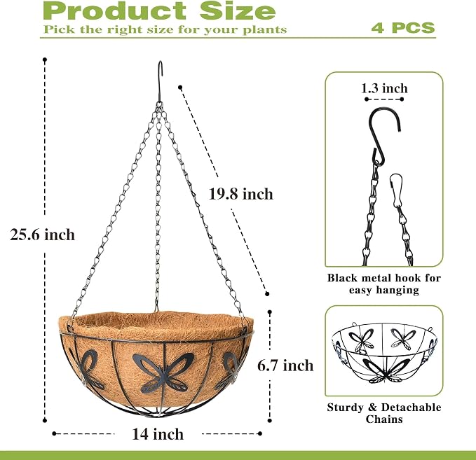 4 Pack 14 Inch Hanging Baskets for Plants Outdoor Metal Hanging Planter Hanging - Image 4