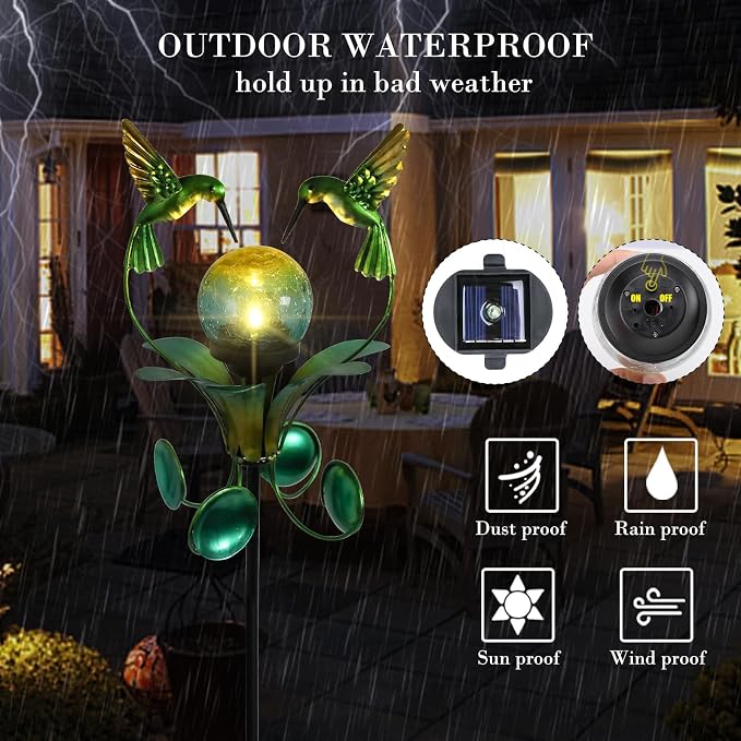 Solar Lights Outdoor Metal Garden Stake Waterproof Crackle Glass Globe Garden - Image 3