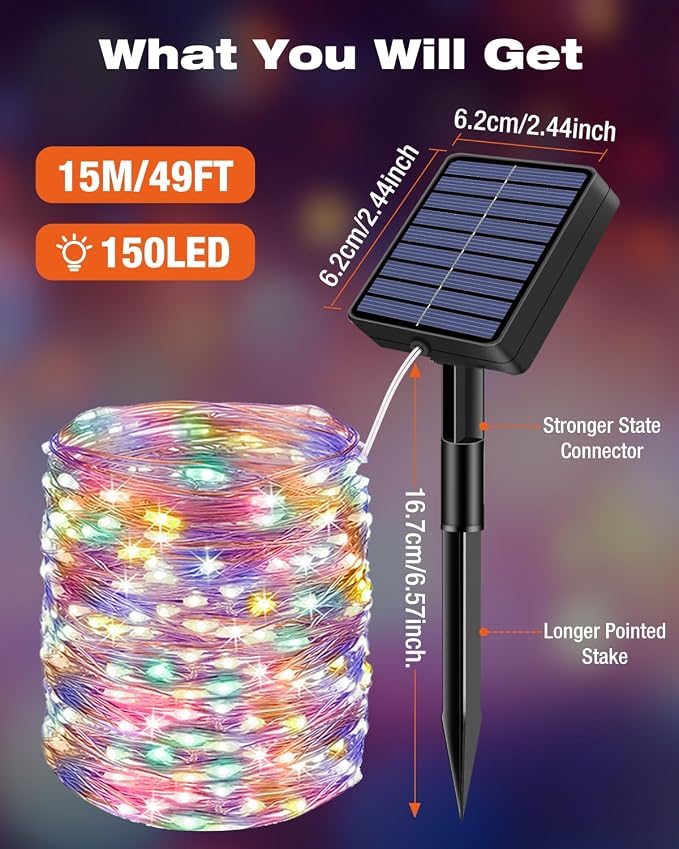 3 Pack Solar Fairy Lights for Outside Waterproof, 49FT/15M 150LED Solar String - Image 6