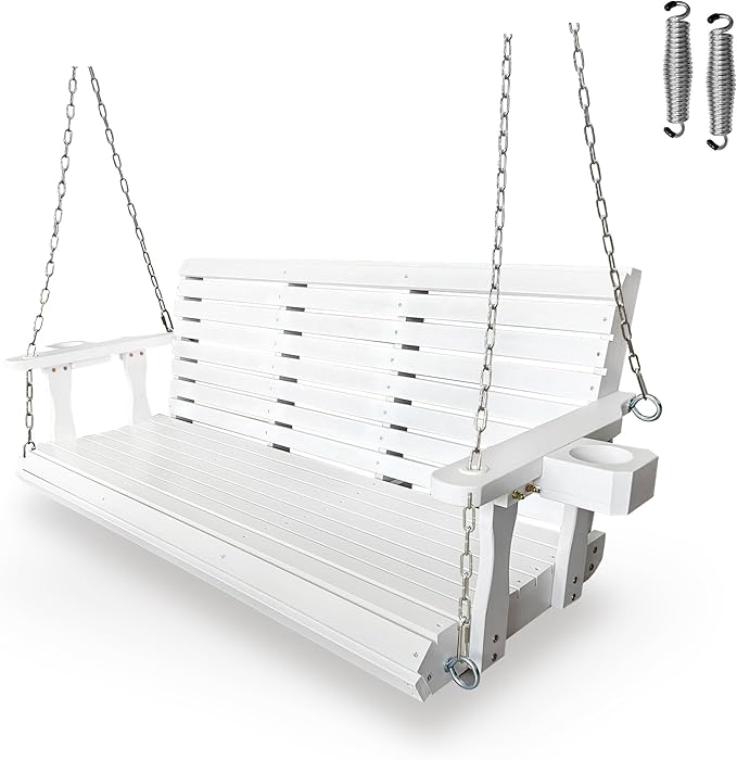 Wooden Porch Swing 3-Seater, High Backrest and Deep Seat, Bench Swing by FortuneCandy