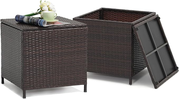 Verano Garden Outdoor Wicker Side Table Set of 2, Small Storage Rattan Wicker by VeranoGarden