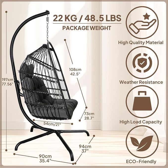 Chihee Egg Chair with Ultra Strong Stand and Cushion Foldable Wicker Rattan - Image 2
