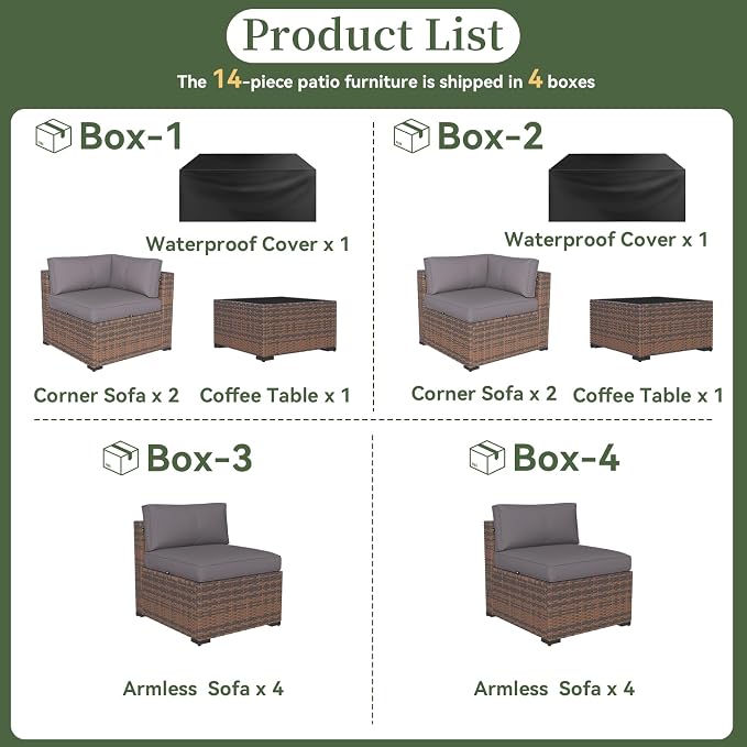 Aoxun 14 Piece Patio Furniture Set Wicker Rattan Patio Conversation Set Outdoor - Image 5