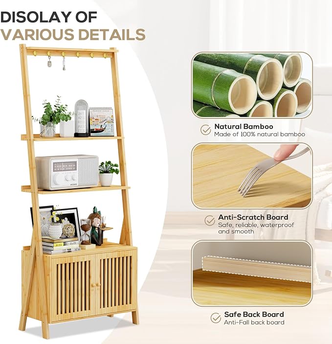 Bookcase with Drawers, 4-Tier Bamboo Bookshelf Ladder Shelf with 6 Hooks - Image 2