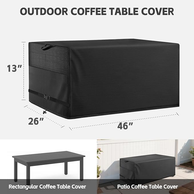 Patio Coffee Table Cover Black Heavy Duty Waterproof Cover 46" L x 26" W x 13" H - Image 2