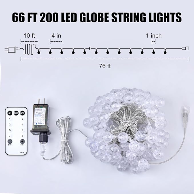 Minetom Crystal Globe String Lights Plug in - 66 ft 200 LED Globe Fairy String - Image 5