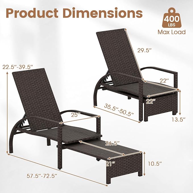 Tangkula Lounge Chair Outdoor Set of 2, Patio Rattan Chaise Lounge - Image 3